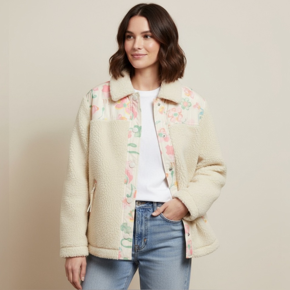 Coach Cream Blocked Floral Teddy Jacket Sherpa Fleece Size S